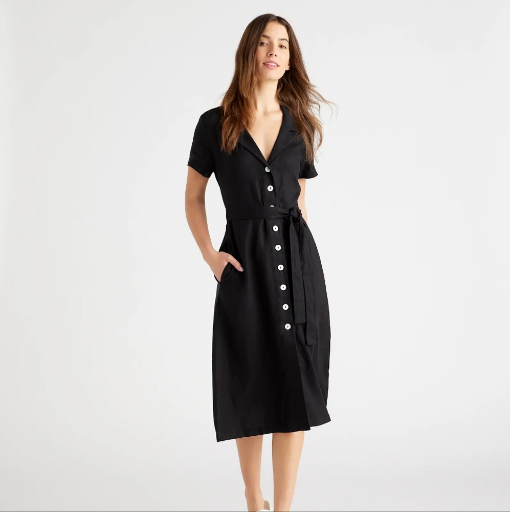 Quince Womens 100% European Linen Button Front Dress Black Basic Sleeved M
